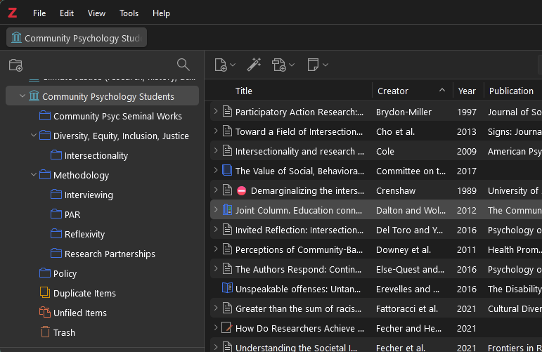 Screenshot of a Zotero library