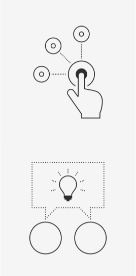 Illustration depicting a hand connecting with other buttons and two heads together with a lightbulb in a speech bubble