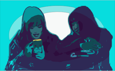 Illustration of two youth sitting, looking at a cellphone