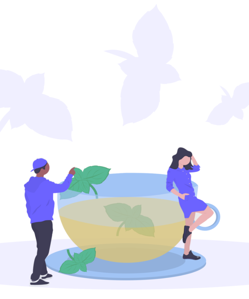 Illustration of two young adults next to a giant cup of mint tea