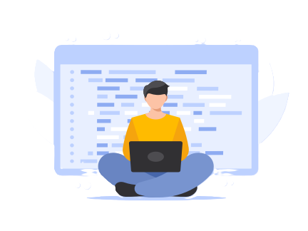 Illustration of a person sitting cross-legged with a laptop in their lap and code in the background