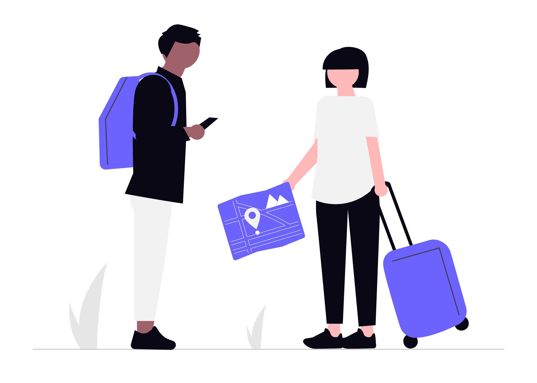 two travelers with luggage