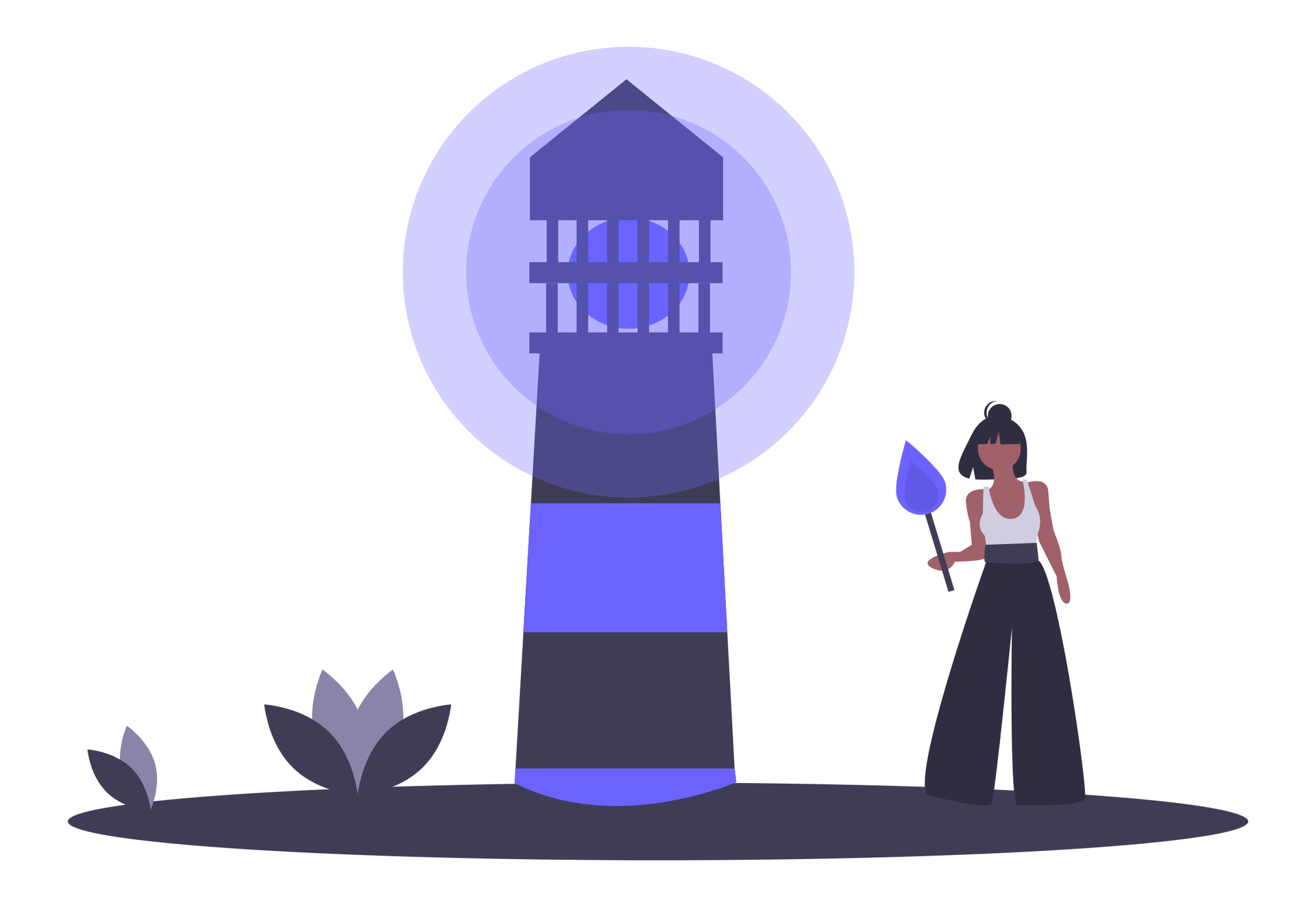 a person holding a flame standing next to a lit lighthouse